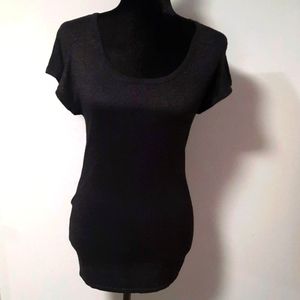 mac & jac Black Ruffle Shoulder Round Neck Silver Shine Short Sleeve Top